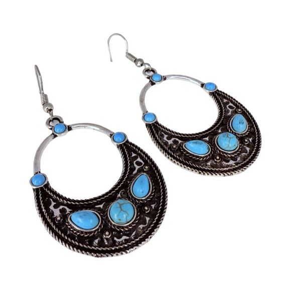 Faux Turquoise Silver Tone Dangle Earrings 2.5" Bohemian Boho Chic Southwestern - Picture 5 of 11